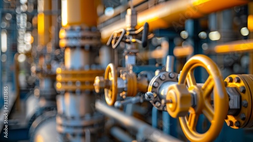 Detailed view of industrial pipeline system in an oil refinery, focusing on pipes and valves