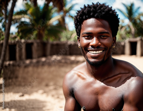 A young man standing in front of a wooden fence with palm trees in the background.