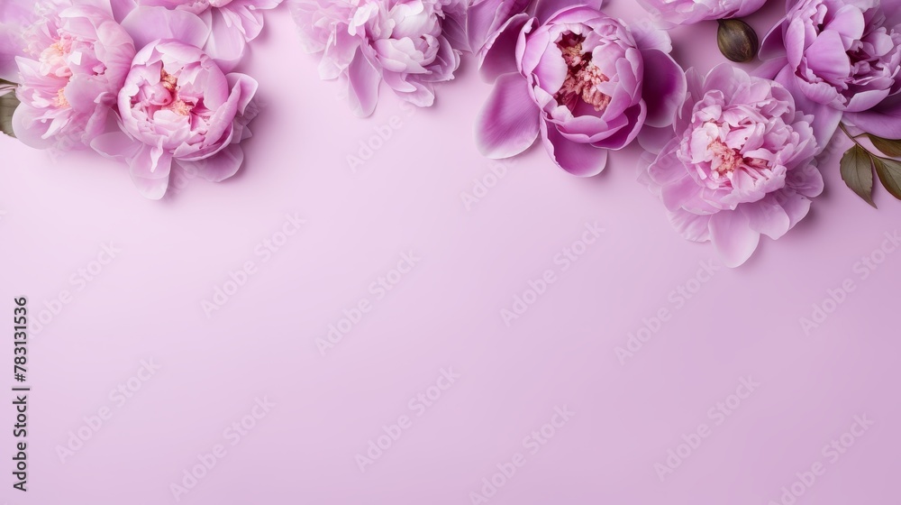 Festive bouquet of delicate peonies in pastel colors. Background for a holiday card or invitation. Blooming spring banner - lilac peonies, top view Festive bouquet of delicate peonies in pastel colors. Background for a holiday card or invitation. Blooming spring banner - lilac peonies, top view