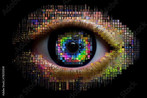 The Binary alphabet displayed in colorful pixels within an eye 3d