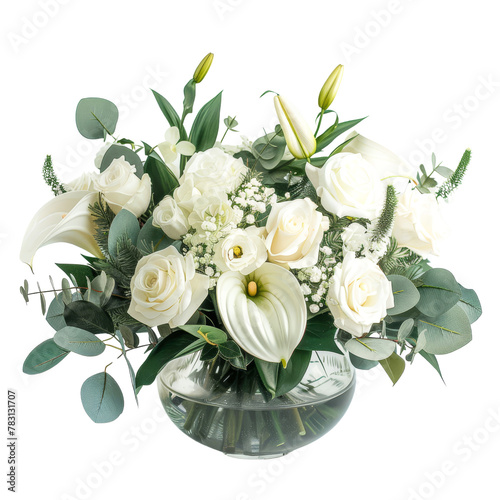 Elegant Floral Arrangement with a Mix of White Blooms and Greenery in a Glass Vase, Epitomizing the Concept of Simple Elegance for Events.