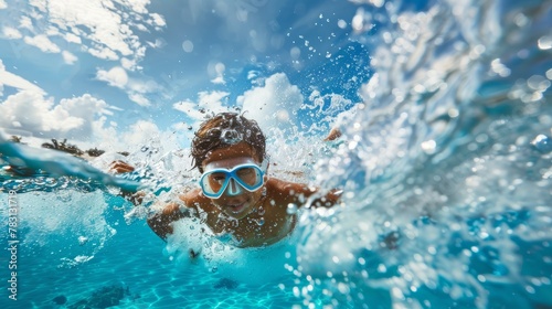 A dynamic action shot of a young boy snorkeling alone in a pool, wearing goggles and exploring underwater