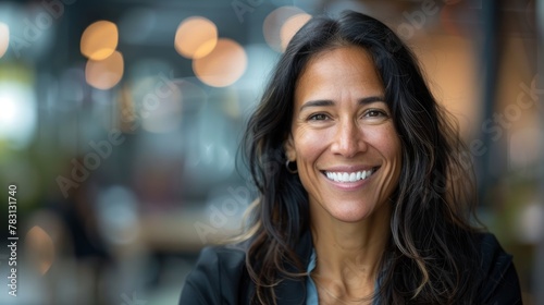 A businesswoman with long hair smiles at the camera, exuding a sense of accomplishment and confidence, with a blurred background highlighting her presence