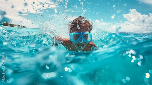 A young boy energetically swims in the ocean, wearing goggles for clear vision