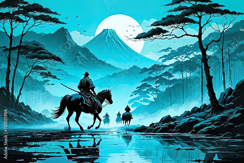  Asian landscape in the spirit of samurai in dark contrasting colors. Acrylic paints and a pleasant color palette. Great for cards, posters, promotional materials.
