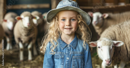 A cute blonde girl wearing an oversized blue shirt and plaid pants is standing in front of her flock inside the pen on the farm smiling at the camera © Kien
