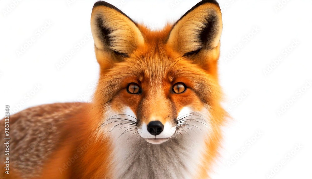 Extreme close-up and front view of a head of red fox looking at camera, isolated on white background with copy space. (Vulpes vulpes). Generative Ai. Extreme close-up and front view of a head of red fox looking at camera, isolated on white background with copy space. (Vulpes vulpes). Generative Ai.