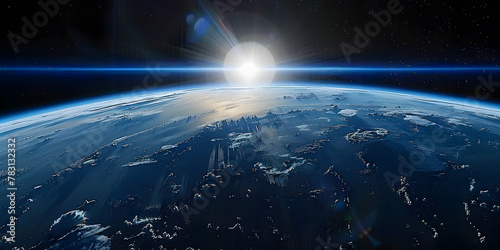 wide shot of the earth from space  blue horizon  black sky  bright sun in upper left corner  cinematic