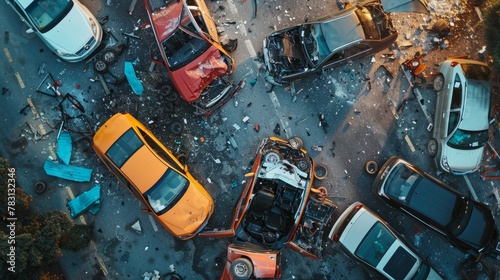 A high-angle view of several vehicles clustered in the street after a serious road collision, with emergency responders present photo