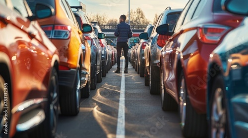A man inspects preowned cars on a dealership lot, standing between rows of parked vehicles photo