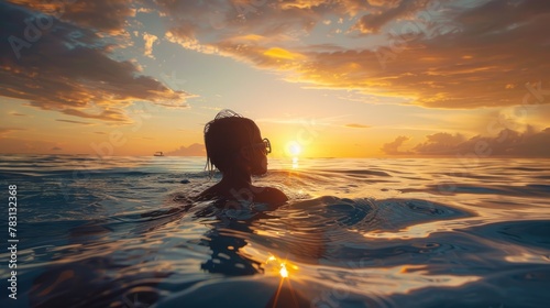 Silhouette of a woman swimming in the ocean at sunset