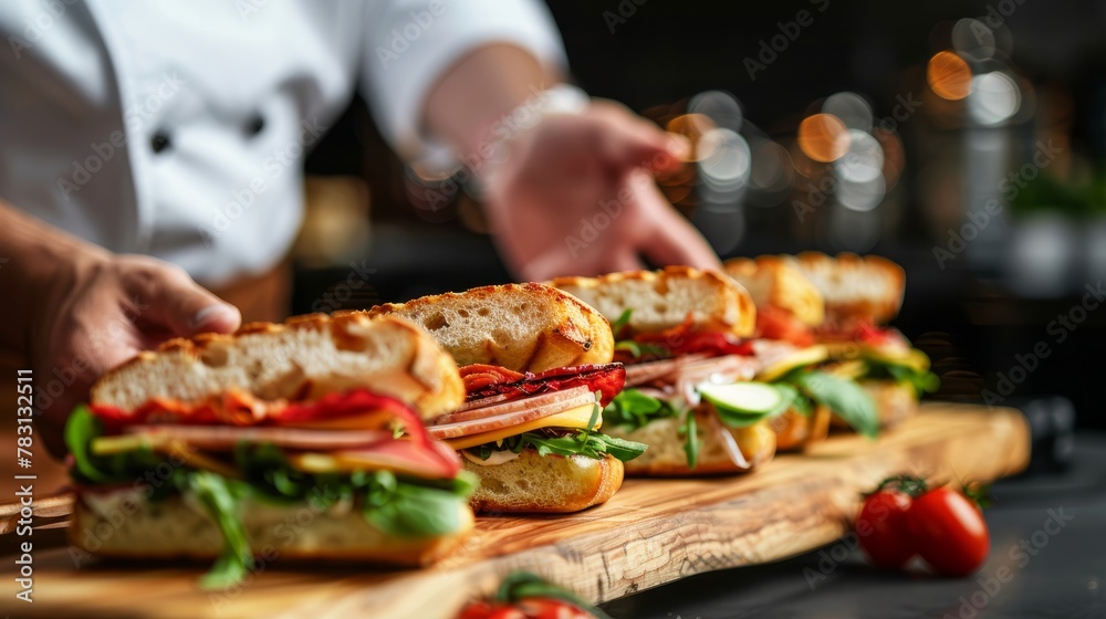 Side view of a chef assembling a long sandwich on a wooden cutting board, creating a wide banner with copy space