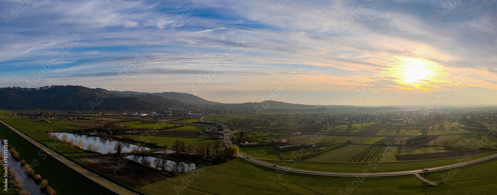 Panoramic landscape near Ortenberg and Offenburg in spring at sunset, drone shot