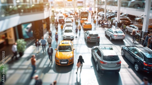 A bustling city street filled with cars, buses, and pedestrians moving through heavy traffic on a busy day