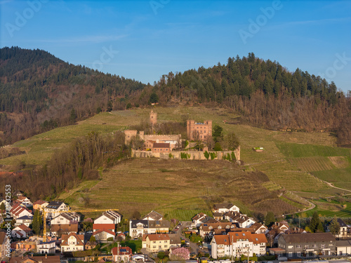 Ortenberg residential area with Ortenberg Castle in spring at sunset, drone shot photo