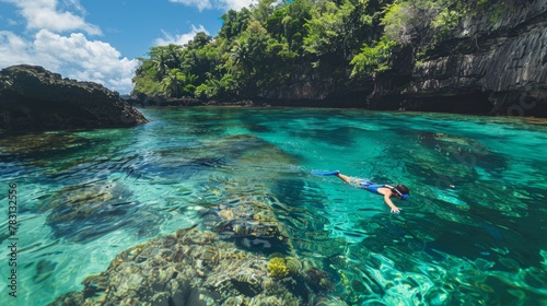 Adventurous kid snorkeling alone in transparent waters of secluded tropical island bay