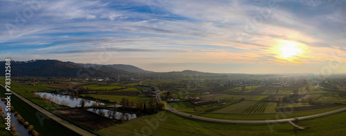 Panoramic landscape near Ortenberg and Offenburg in spring at sunset, drone shot