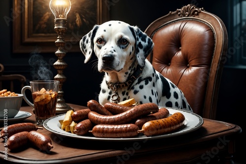 Dalmatian dog sits on a chair at the table in front of sausages on a plate © Peredniankina