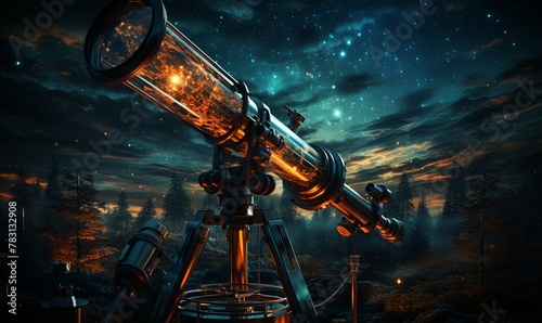 Telescope Mounted on Tripod Under Night Sky. photo