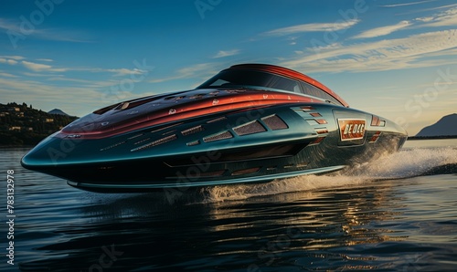 Speed Boat Racing Across Water © uhdenis