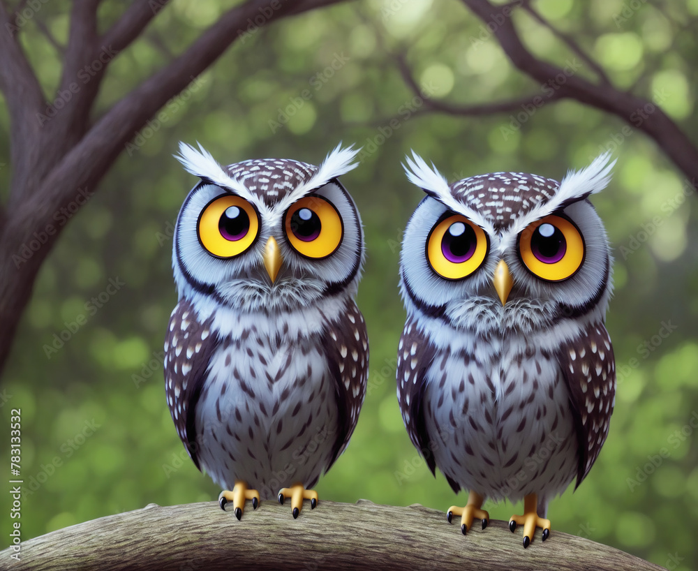 Two owls perched on a tree branch, looking at each other with their big, round eyes. Two owls perched on a tree branch, looking at each other with their big, round eyes.