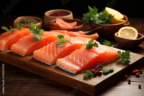Salmon fillet, cut into portions, with pepper and herbs on a wooden board