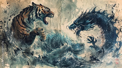 Dynamic Tiger and Dragon Painting, Traditional Eastern Yin Yang Concept Art © abstract design