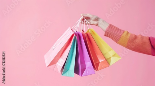 Hands, shopping bags and purchase on pink for fashion, discount or sale. Hand of shopper holding bag of gifts, present or luxury retail products on copy space