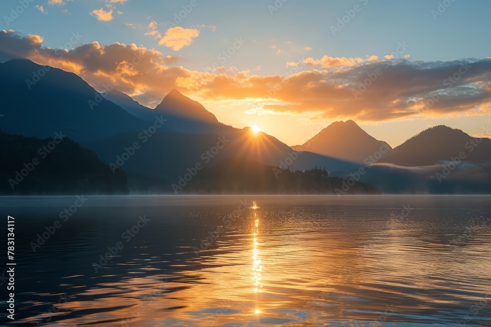 A magnificent landscape of a mountain lake with mountains and sky reflected in it. The concept for the development of tourism, mountaineering, skiing, rock climbing, excursions in the mountains.
