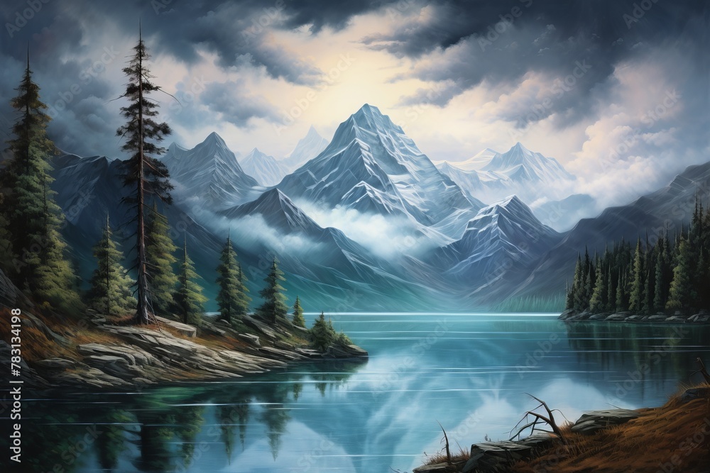 Landscape of a mountain lake, mountains and lead clouds. The concept for the development of tourism, mountaineering, skiing, rock climbing, excursions in the mountains.  
