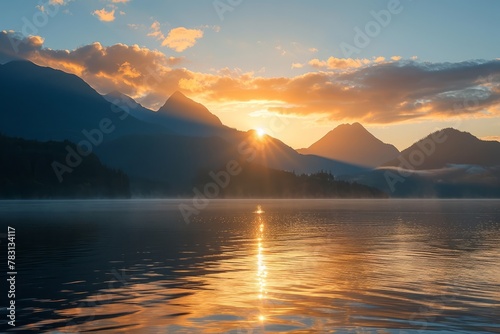 A magnificent landscape of a mountain lake with mountains and sky reflected in it. The concept for the development of tourism, mountaineering, skiing, rock climbing, excursions in the mountains. 