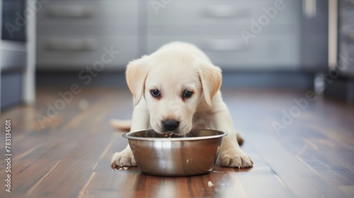 Close up of a white puppy eating food in a sunlit kitchen, pet care concept, animal behavior with copy space © Tatiana