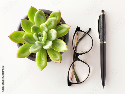 Minimal Home Office Setup with Succulent Plant, Eyeglasses & Pen - Stylish Workspace for Productivity & Focus photo