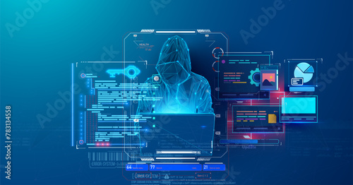 Digital Surveillance Concept with Holographic Cybersecurity Interface.Hooded figure operating a cybernetic system, overlaying a futuristic blue holographic interface with dynamic data encryption.