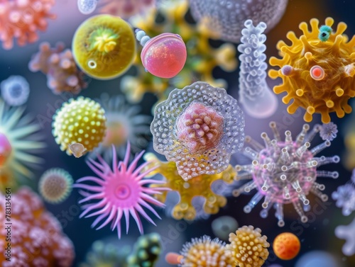 Vibrant Microscopic Worlds: Colorful Abstract Patterns of Microscopic Organisms and Structures - Spheres, Spikes, Tendrils, Intricate Designs