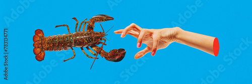 Contemporary art collage. Hand reaching out to lobster on vibrant blue background, creating playful interaction. Concept of lighthearted approach to natural world, human interaction with life.