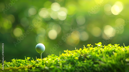 Golf ball on a green grass, copy space photo