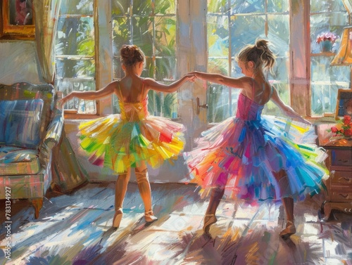 Colorful Mother Daughter Ballet Practice - Vibrant Tutus, Sunlit Room, Fluid Brushstrokes Capture Dance Movement