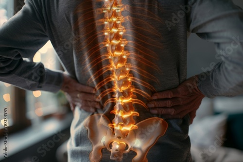 Tender Care: Senior Man's Hands on Digital Representation of Spine Pain photo