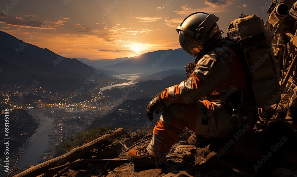 Man Sitting on Mountain Top With Backpack Man Sitting on Mountain Top With Backpack