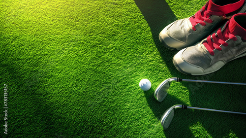 Golf equipment on green. Copy space photo