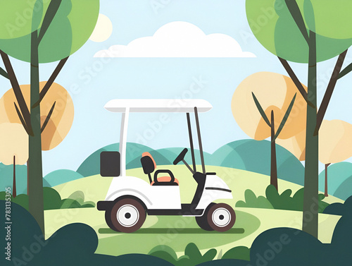 Flat illustration of a golf cart on a path, trees surrounding © Iryna