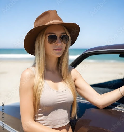 Caucasian female, around 25 years old, with long blonde hair, wearing sunglasses and a brown hat, leaning on a car at the beach