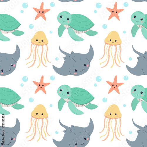 Summer cute pattern with marine inhabitants, sea life, background for children. Vector illustration on white background © Ekaterina