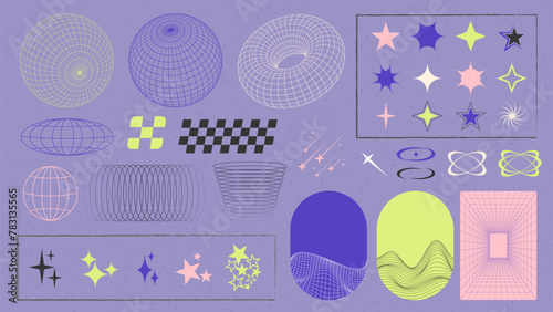 Y2K shapes of stars and planets. Modern minimalist elements, trending geometric shapes. Line art, vector illustration © Sonika