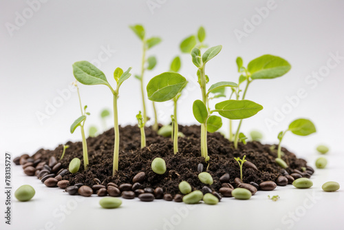 Bean seedlings starting to grow isolated on white background