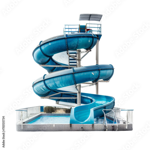 Model of a Blue Water Slide Structure with Stairs in a Miniature Aquatic Park Setup, Depicting the Concept of Water Recreation.