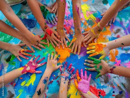Diverse Children's Hands Forming Colorful Burst of Paint Splatters and Handprints, Symbolizing Unity, Creativity, Joy - Overhead View Stock Photo