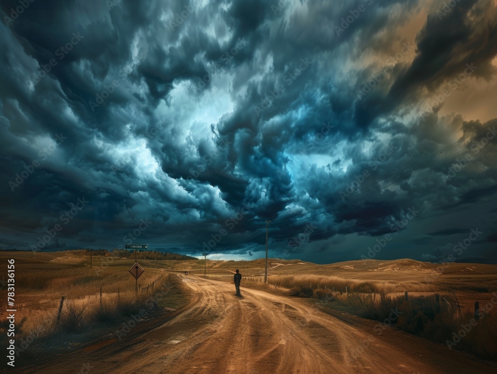 Dramatic Crossroads Scene - Lone Figure on Dirt Road, Ominous Storm Cloud, Barren Fields, Vibrant Colors, Tension & Isolation