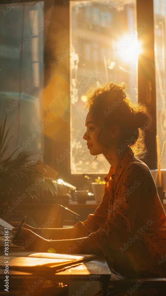 Fototapeta premium A woman is seated at a desk positioned in front of a window. She appears focused as she engages in work or study activities, illuminated by natural light filtering in through the window.
